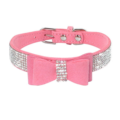 Soft Seude Leather Puppy Dog Collar Bling Rhinestone Bowknot Kitten Cat Collars For Small Medium Dogs Cats Chihuahua Pink XXS-M